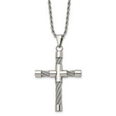 Chisel Stainless Steel Polished and Textured with Cable Cross Pendant on a 22 inch Rope Chain Necklace